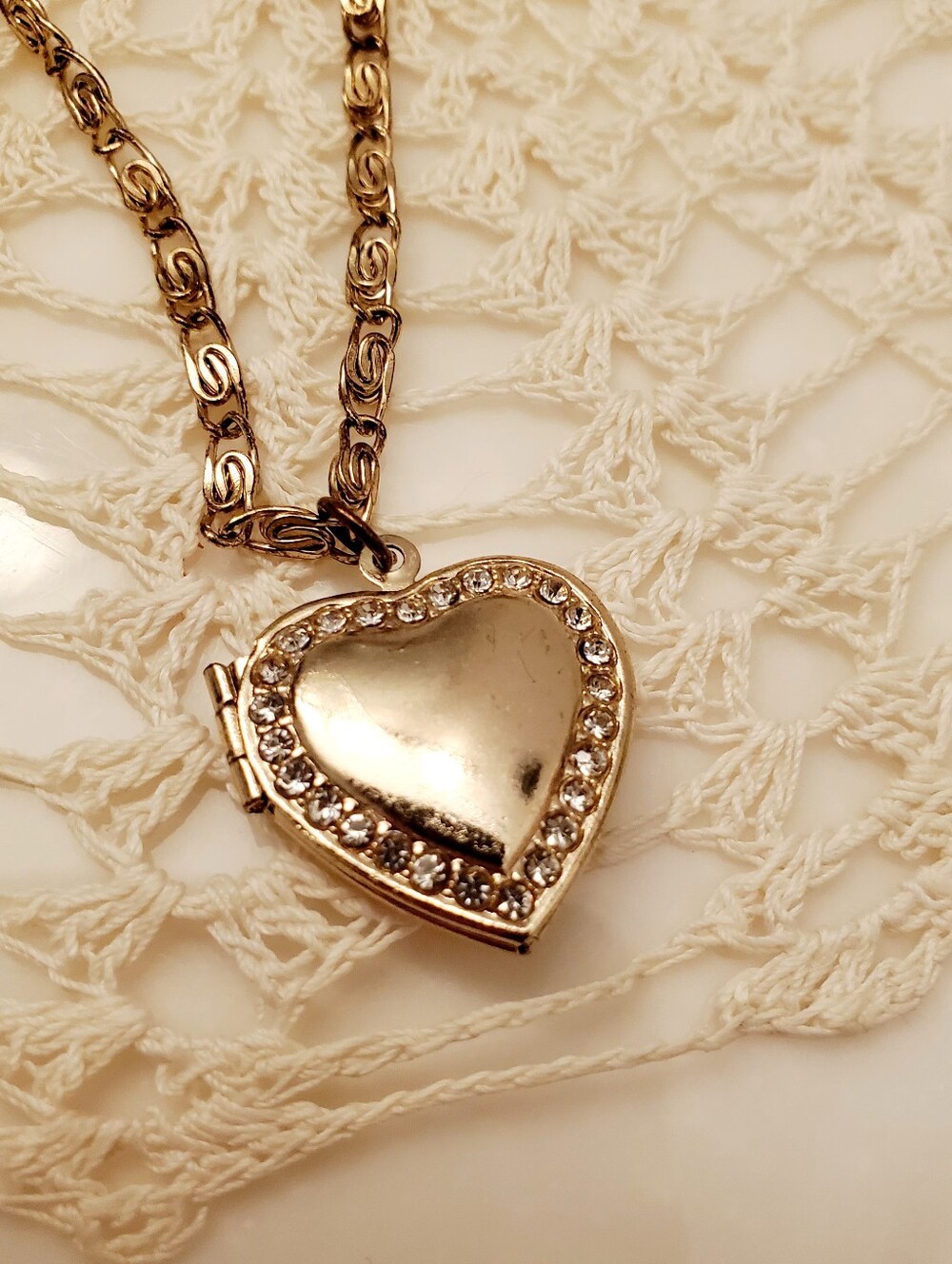 Gold Tone Heart Locket Necklace with Clear Crystal Accents, Long Chain